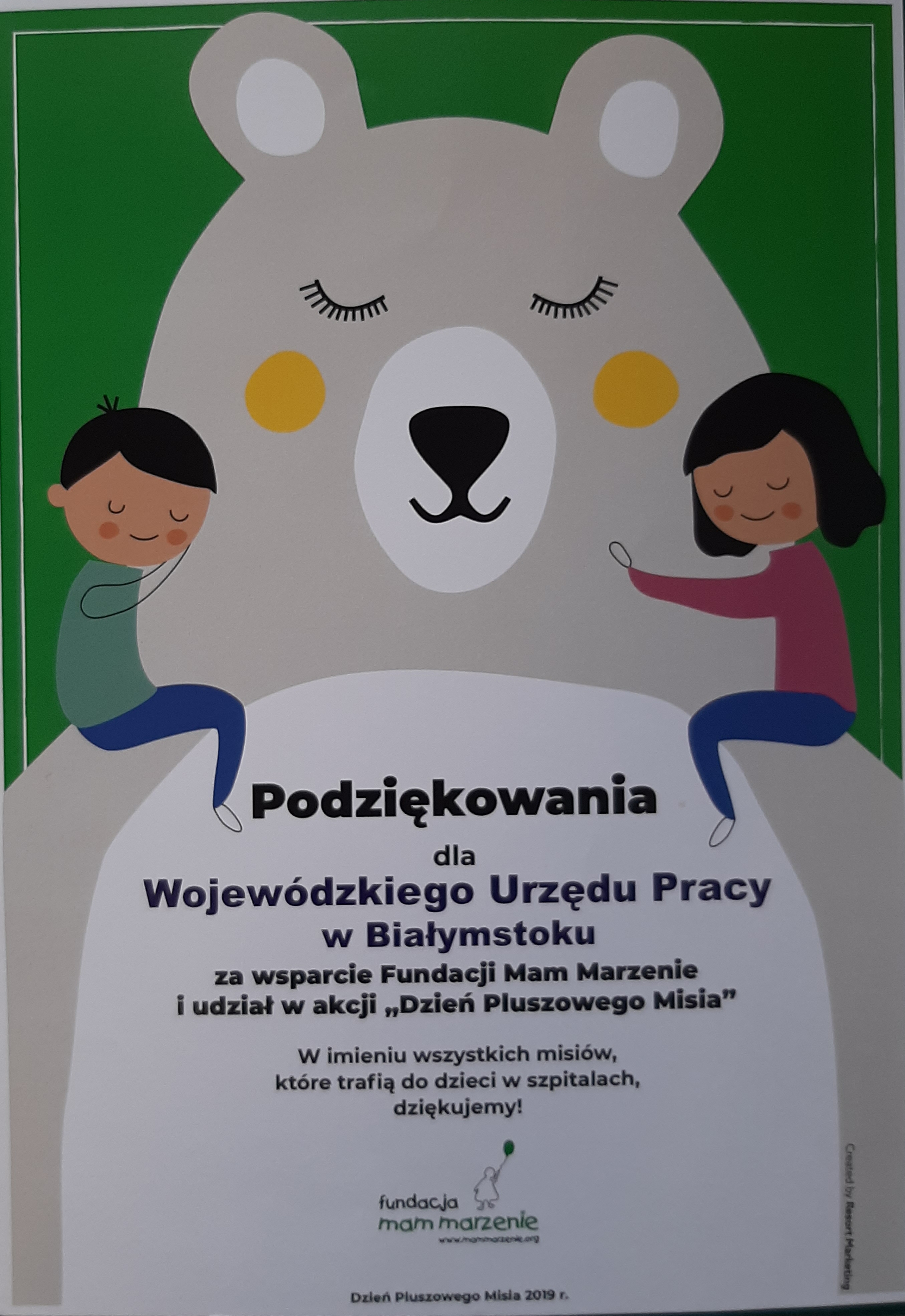 Podziękowania za wsparcie Fundacji Mam Marzenie